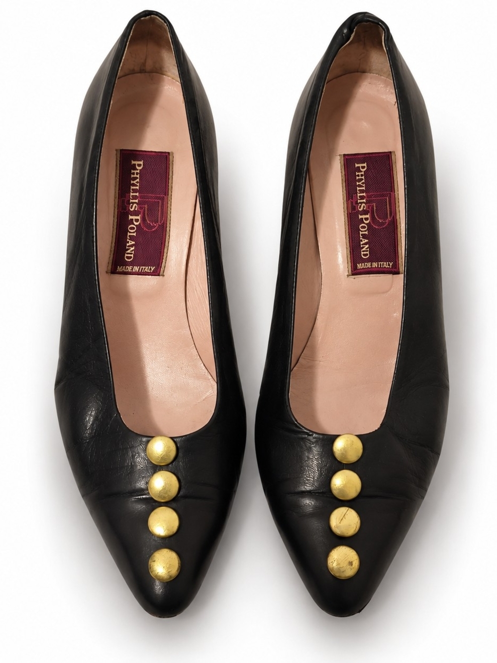 Phyliis Poland Pointed Toe Pumps with Gold Buttons - Women's Size, 7.